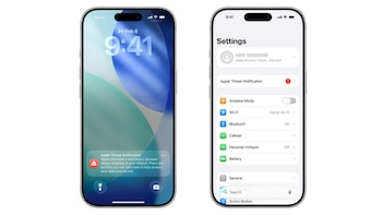 Dos teléfonos iPhone, uno con pantalla de bloqueo que muestra una alerta de software espía y otro con el menú de ajustes de sistema