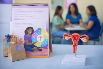 Modelo anatómico de útero con ovarios en primer plano, junto a un calendario ilustrado sobre el ciclo menstrual, dos bolsas y mujeres conversando al fondo.