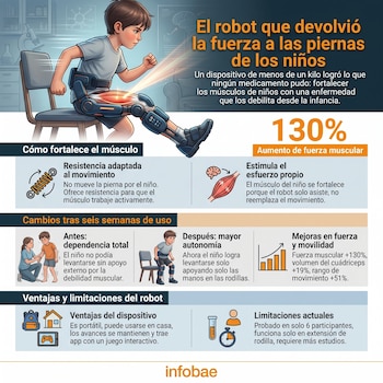 Infografía sobre un robot de rehabilitación para niños con atrofia muscular espinal, mostrando cómo funciona, mejoras de fuerza y sus características.