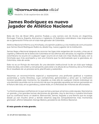 Este es el comunicado oficial de Atlético Nacional en el que anuncia la llegada de James Rodríguez - crédito Atlético Nacional