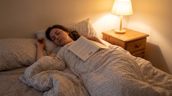 Mujer dormida en la cama, cubierta con un edredón. Un libro abierto reposa sobre su cuerpo. Una lámpara de mesa está encendida en la mesita de noche.