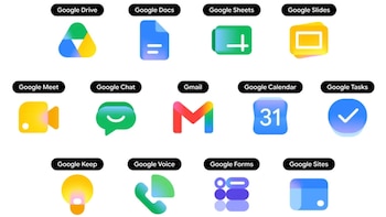 El rediseño de los iconos unifica la imagen de Gmail, Drive, Docs, Sheets y Calendar bajo una estética moderna y homogénea.
