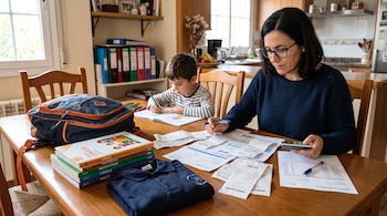 Una mujer calcula facturas sobre una mesa donde hay libros de texto, un uniforme, una mochila y un niño que dibuja.