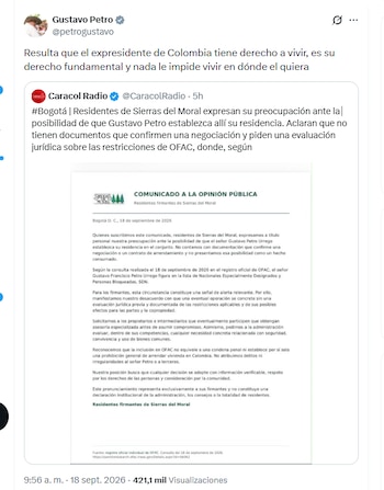 El expresidente Gustavo Petro criticó a residentes de un conjunto que se quejaron ante la posiblidad de que vaya a ser su vecino - crédito @petrogustavo/X