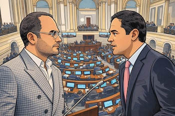 Dos hombres en caricatura se miran frente a una asamblea legislativa. Uno usa traje a cuadros y gafas, el otro un traje oscuro y corbata rosa. Hay un micrófono y pantallas.