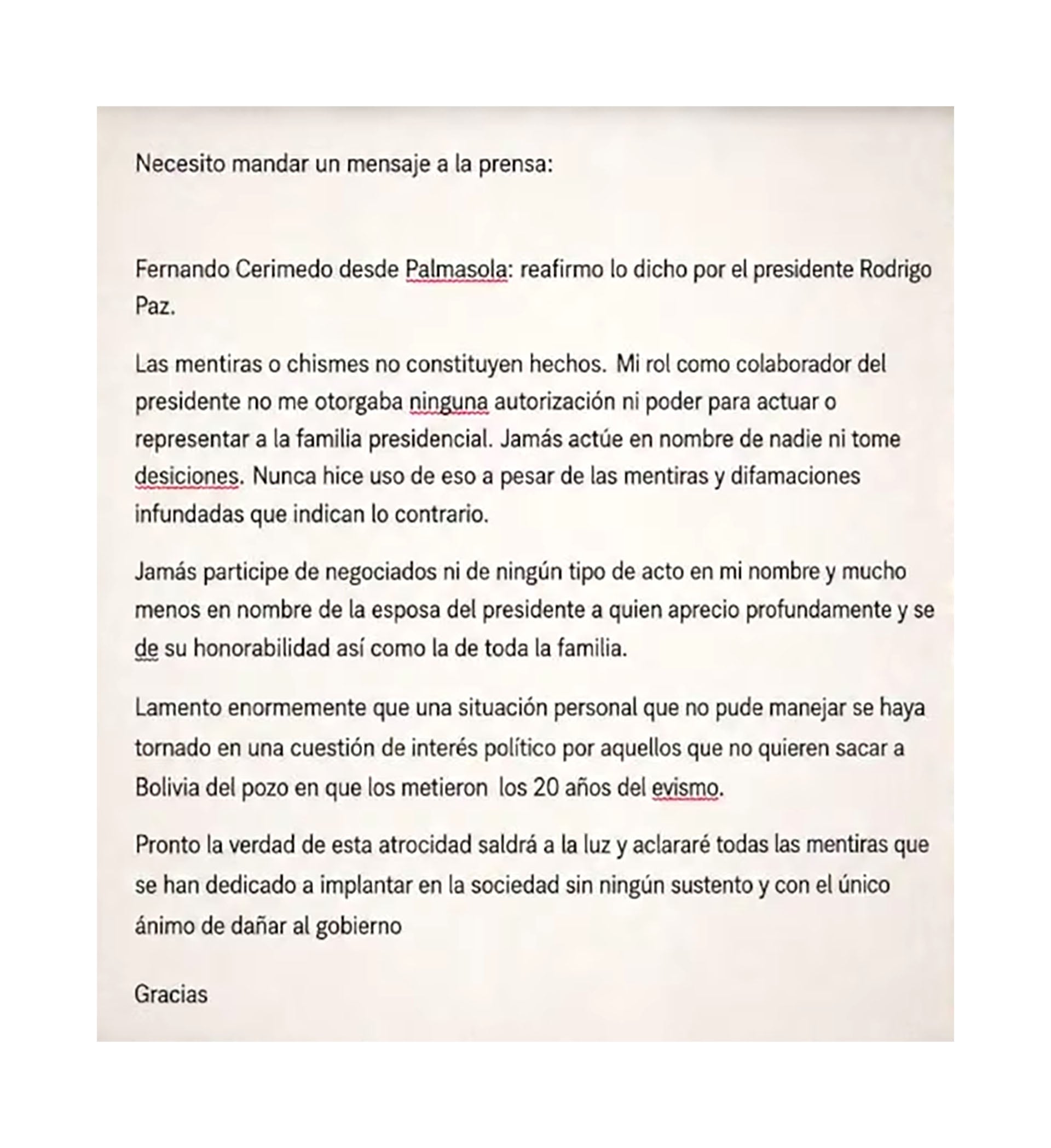 Fernando Cerimedo difunde una carta desde el penal de Palmasola en la que niega haber actuado en representación de la familia presidencial de Bolivia.