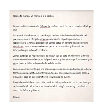 Un texto mecanografiado sobre fondo claro dirigido a la prensa y atribuido a Fernando Cerimedo desde la cárcel de Palmasola
