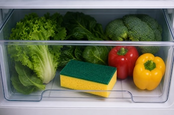 Un cajón transparente de refrigerador contiene una esponja amarilla y verde, lechuga, brócoli, un pimiento rojo y un pimiento amarillo.