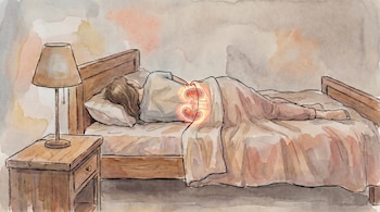 Persona durmiendo boca abajo en una cama con almohada y manta. Una mesita de noche con lámpara está al lado. Dos riñones luminosos se ven en su espalda.