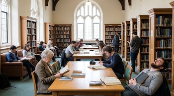 Interior de una biblioteca con personas de diversas edades leyendo y estudiando en mesas y sillones. Estanterías con libros y grandes ventanales al fondo.