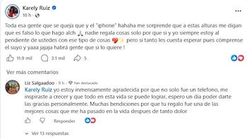 Captura de pantalla de una publicación de Facebook de Karely Ruiz y un comentario de Liz Salgadoo con texto sobre sorteos de iPhone y gratitud