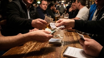 Manos intercambian billetes de dinero sobre una mesa de madera. También se ven cartas apiladas, monedas y un cuaderno en un entorno interior concurrido.