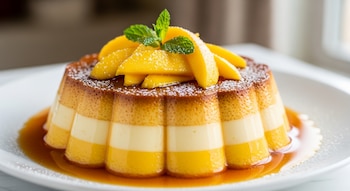 Flan con capas amarillas y blancas, decorado con rodajas de mango, hojas de menta y azúcar impalpable, sobre un plato blanco con salsa de caramelo.