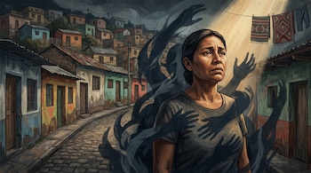 Ilustración de una mujer centroamericana de expresión seria, rodeada de sombras con forma de manos, con un barrio urbano de casas al fondo.
