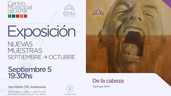 Cartel de la exposición De la cabeza de Santiago Raffo en Avellaneda, con datos del evento y una ilustración de un rostro con la boca abierta
