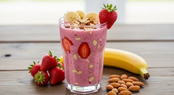 Vaso de batido rosado con trozos de fresa y almendra, decorado con plátano y fresa. Alrededor, fresas, un plátano entero y almendras, sobre mesa de madera.