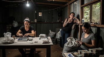Tres mujeres en un cuarto rústico con paredes de zinc. Una pesa sustancias en una balanza, otra cuenta grandes fajos de dinero y una tercera fuma, observando.