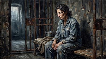 Pintura al óleo de una mujer con uniforme de presidio sentada en una celda con barrotes, paredes de piedra y un cubo metálico.