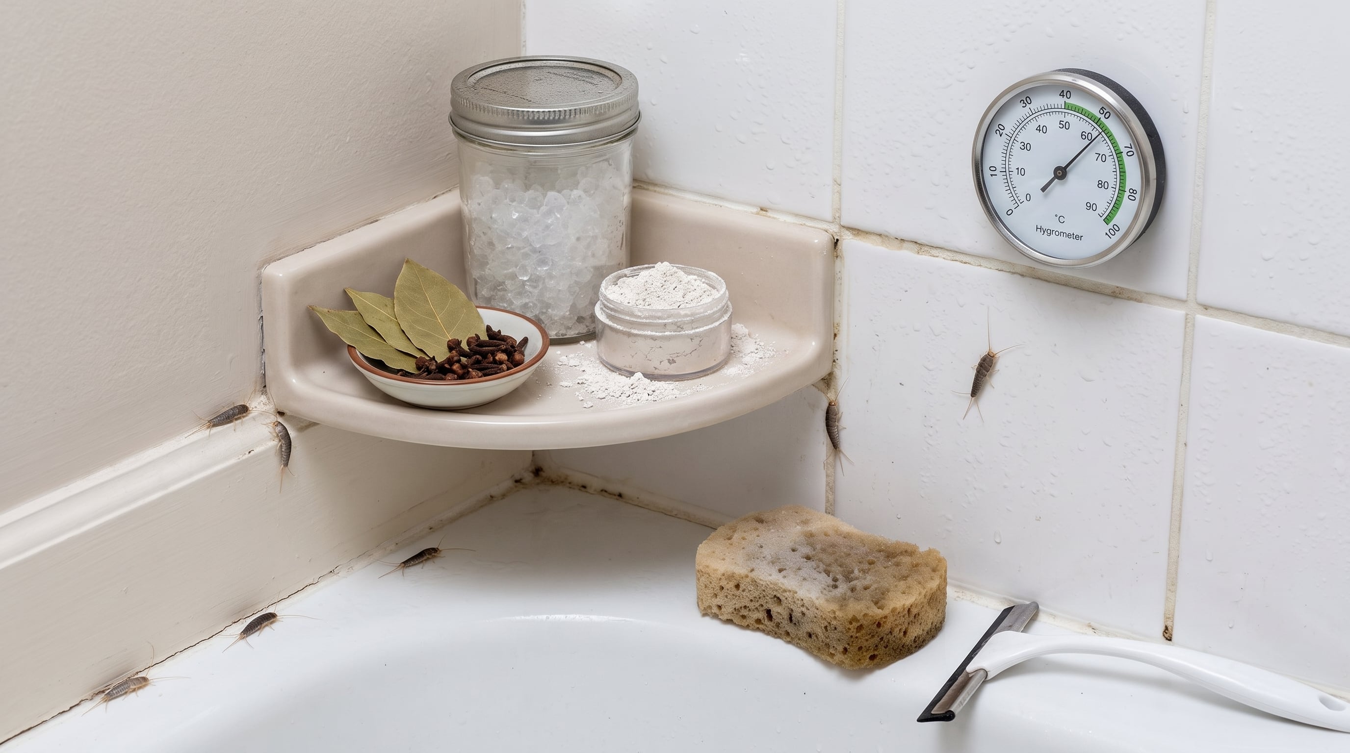 Un baño con alta humedad muestra pececillos de plata y trucos caseros para su eliminación, junto a un higrómetro que mide el ambiente. (Imagen Ilustrativa Infobae)