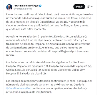 El gobernador Jorge Emilio Rey Ángel informó sobre el traslado de heridos a hospitales - crédito @JorgeEmilioRey/X