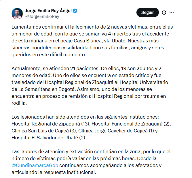 El gobernador Jorge Emilio Rey Ángel informó sobre el traslado de heridos a hospitales - crédito @JorgeEmilioRey/X