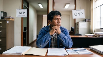 Un hombre sentado ante un escritorio con documentos sobre pensiones y dos carteles al fondo que indican AFP y ONP.