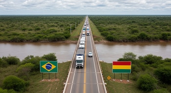 Vista aérea de un puente con una larga fila de camiones, un río, vegetación, cielo nublado y carteles con las banderas de Brasil y Bolivia.