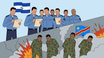 Hombres en uniforme azul y bandera de El Salvador. Hombres en uniforme camuflado, explosiones y bandera de República Democrática del Congo.