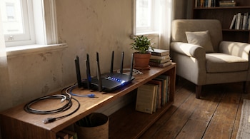 Un router negro con seis antenas y luces azules brillantes descansa sobre una estantería de madera. A su lado, cables, una planta y libros. Al fondo, ventanas y un sillón.