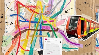 Collage con papel y cartón de fondo, mapa de ciudad, líneas de colores, calcomanía de tren de metro y teléfono móvil con pantalla que muestra ruta Línea 1.