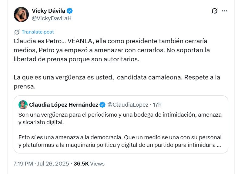La precandidata presidencial atacó a Claudia López por cuestionar informe periodístico sobre la jueza del caso Uribe - crédito @VickyDavilaH/X