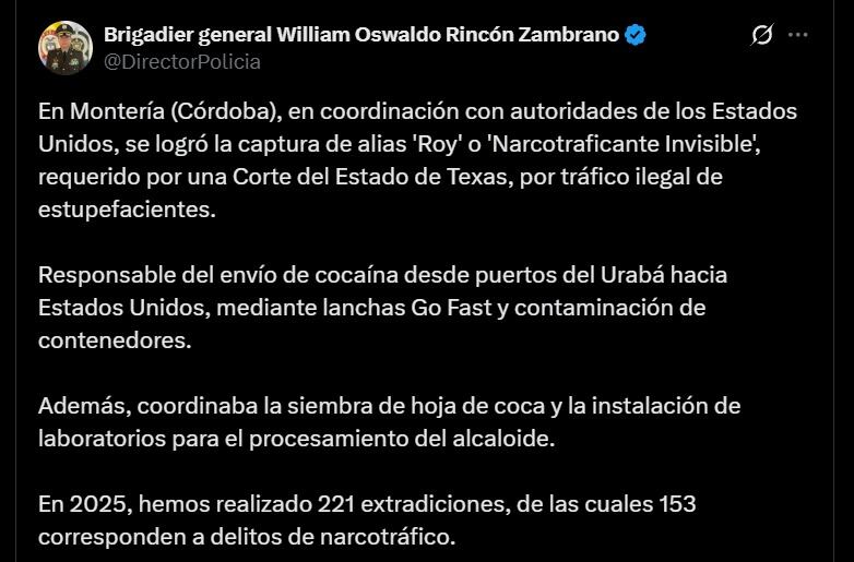 Alias Roy, conocido como el 'Narcotraficante Invisible', era uno de los líderes más buscados por tráfico ilegal de estupefacientes en Texas - crédito @DirectorPolicia / X