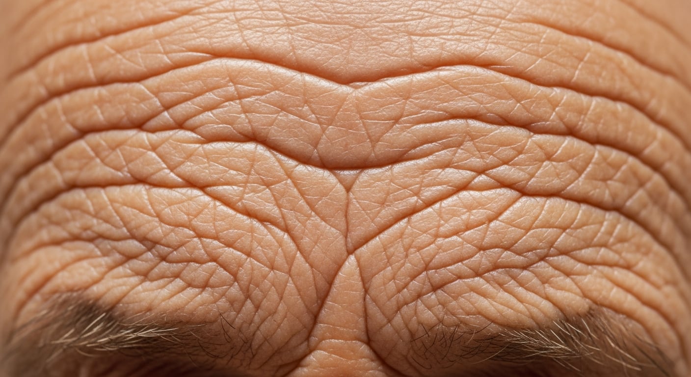 La imagen muestra un primer plano detallado de la frente de una persona, donde se observan arrugas profundas y líneas de expresión, características comunes del envejecimiento de la piel. Este fenómeno es resultado de factores como la edad, la exposición solar y la pérdida de elasticidad cutánea. (Imagen Ilustrativa Infobae)