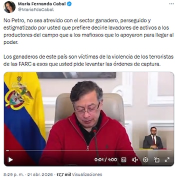 María Fernanda Cabal criticó a Gustavo Petro por vincular la ganadería amazónica con lavado de activos - crédito @MariaFdaCabal/X