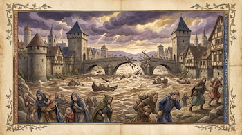Grabado de estilo medieval que representa un río desbordado destruyendo un puente de piedra y personas huyendo por la orilla con sus pertenencias.