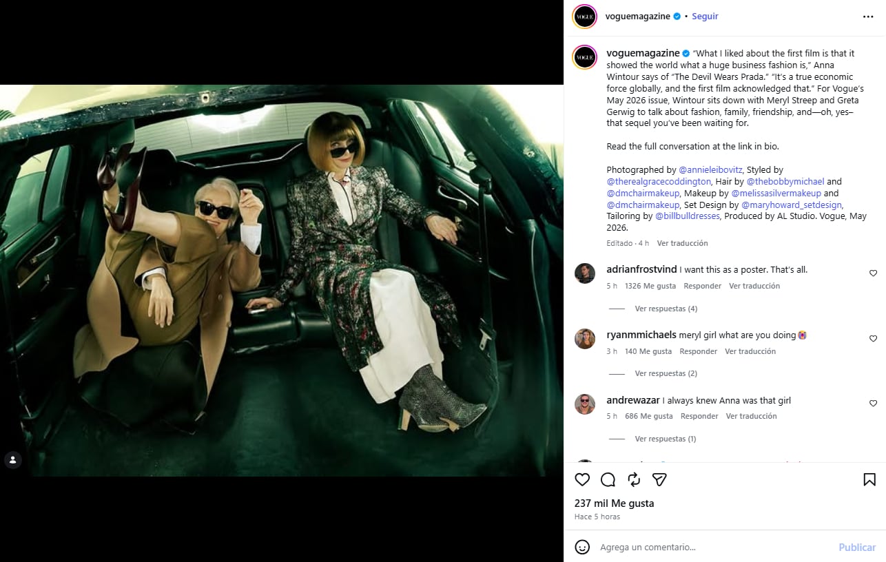 Streep reconoce la influencia de figuras reales como Anna Wintour en la construcción de Miranda para la nueva secuela (Instagram/@voguemagazine)