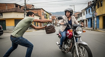 Un hombre de camiseta verde y jeans arrebata un bolso marrón a una mujer con casco y chaqueta clara en una motocicleta roja, en una calle urbana.