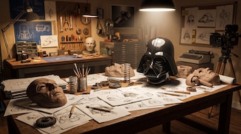 Estudio de diseño de los años 70 con una mesa llena de bocetos, máscaras incompletas, herramientas de escultura, piezas mecánicas y un casco negro futurista.