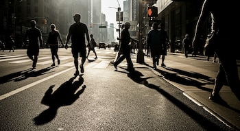 Vista frontal de varias personas caminando por un paso de cebra en una calle urbana, con sombras largas proyectadas sobre el asfalto brillante.