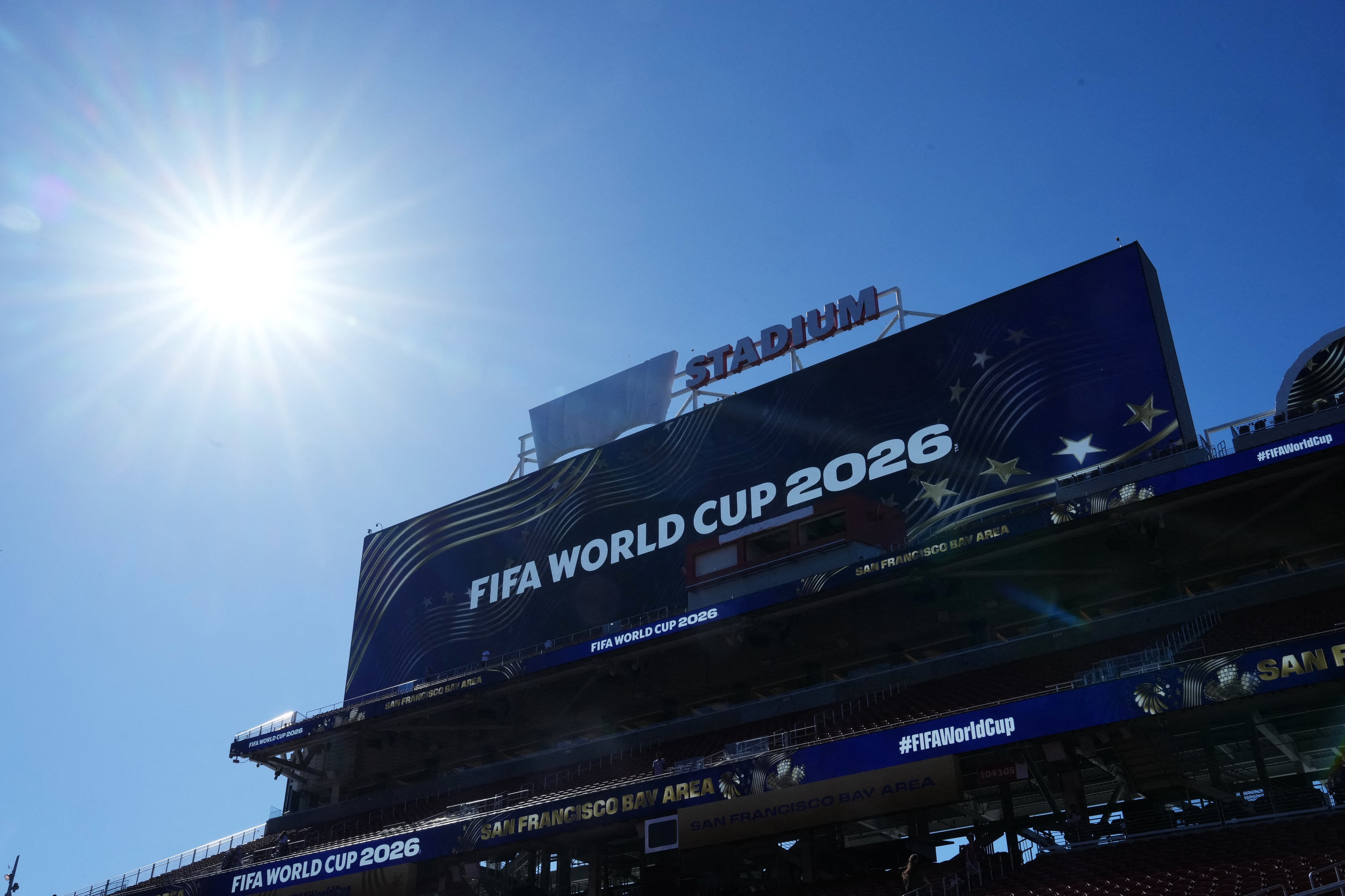Soccer Football - FIFA World Cup 2026 - Group J - Jordan v Algeria - San Francisco Bay Area Stadium, Santa Clara, California, U.S. - June 22, 2026 General view inside the stadium before the match as the stadium sponsor Levi's is covered IMAGN IMAGES via Reuters/Darren Yamashita