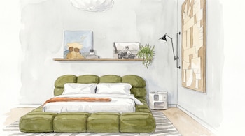 Dibujo en acuarela de un dormitorio moderno con cama verde oliva, estantería con adornos, mesita de noche redonda y cuadros artísticos.