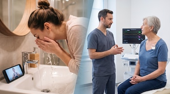 Una mujer se salpica la cara con agua junto a un teléfono con un video de yoga. Un hombre vestido de uniforme médico habla con una mujer con un dispositivo en el pecho.