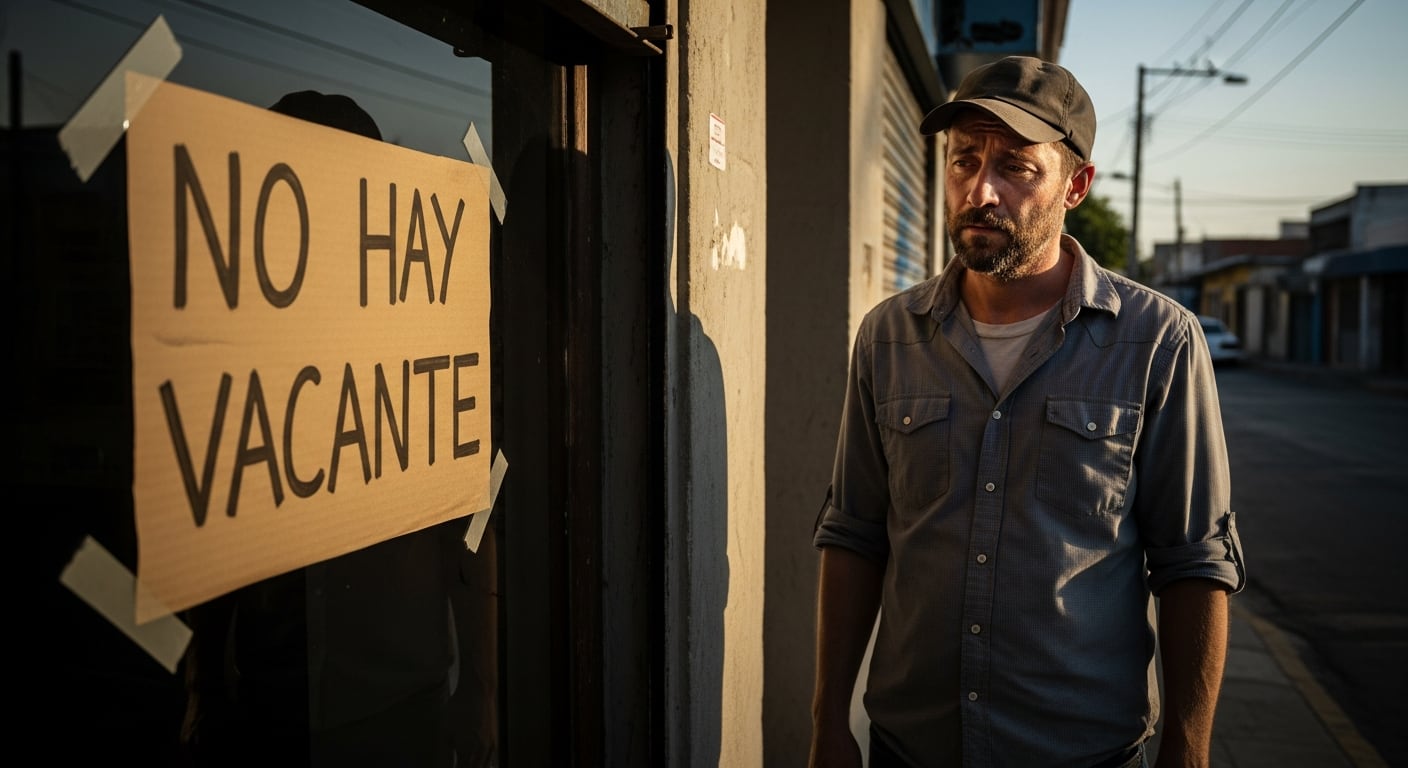 Un hombre desempleado observa un cartel con el mensaje 'NO HAY VACANTE' en la ventana de un establecimiento, que refleja la falta de oportunidades laborales. (Imagen Ilustrativa Infobae)