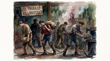 Pintura en acuarela de hombres encadenados por los tobillos que cargan sacos bajo un cartel con el texto ¿EL TRABAJO ES LIBERTAD?