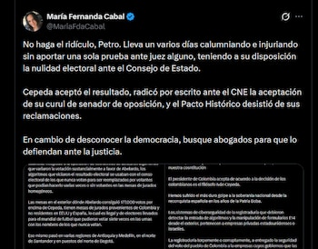 María Fernanda Cabal y Paloma Valencia rechazaron las acusaciones de Petro y le reprocharon no acudir a las vías legales tras la proclamación de Abelardo de la Espriella por el CNE - crédito X