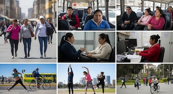 Nueve imágenes que muestran personas caminando, sentadas en un bus, trabajando en oficinas, conversando, estirándose y andando en bicicleta.