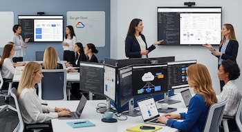 Varias mujeres en una oficina moderna trabajan en laptops y múltiples monitores mostrando código y diagramas. Dos pantallas grandes exhiben el logo de Google Cloud y presentaciones.