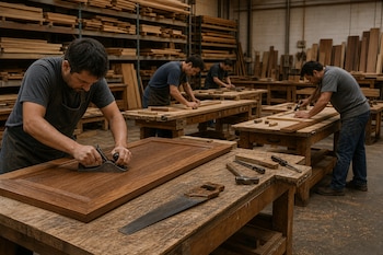 Cuatro hombres trabajan la madera con cepillos y sierras sobre mesas de taller.