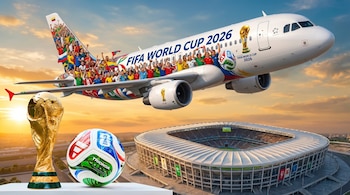 Un avión blanco con decoración del Mundial FIFA 2026, mostrando fans y logos, sobrevuela un estadio. En primer plano, el Trofeo FIFA y un balón.