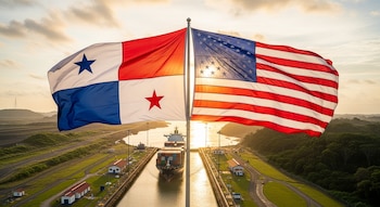 Dos banderas, una de Panamá y una de Estados Unidos, ondean en un mástil frente a un canal con un buque de carga, edificaciones y colinas verdes.